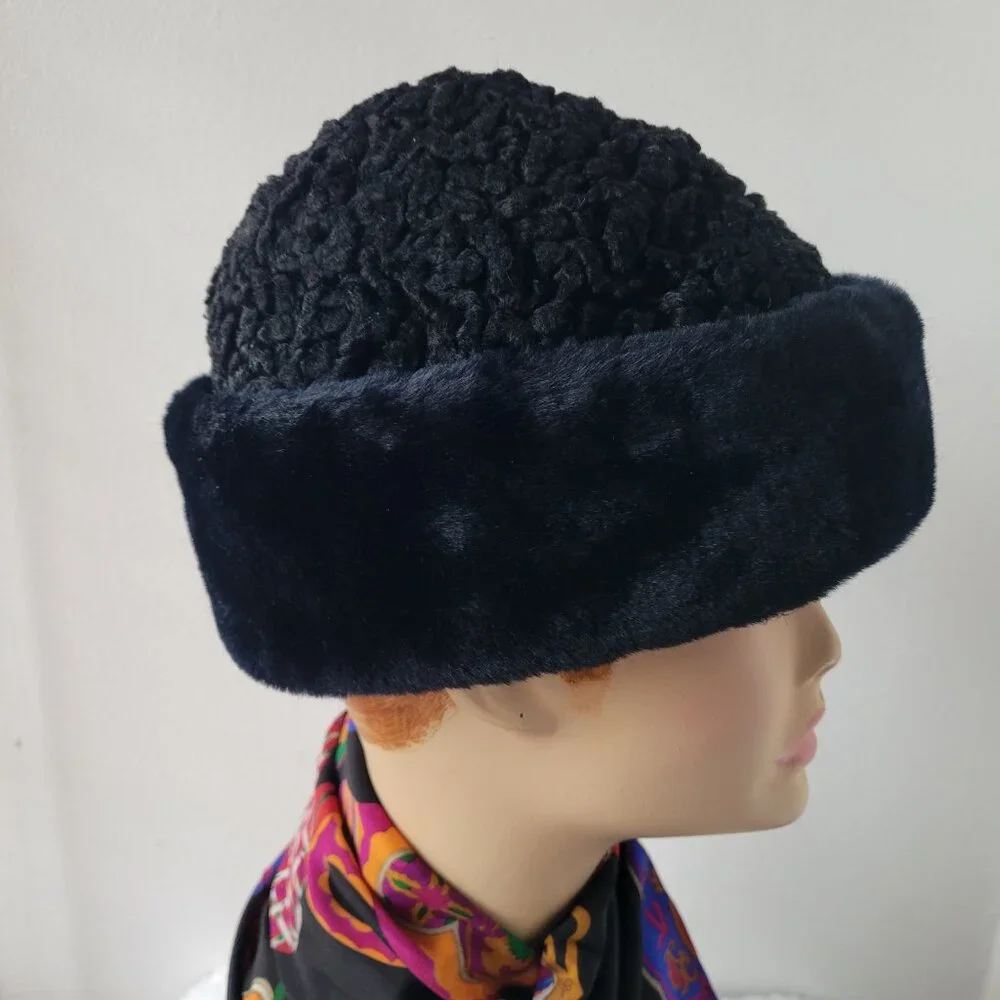 Vintage Astrakhan / Ushanka Blue/Black Winter Hat